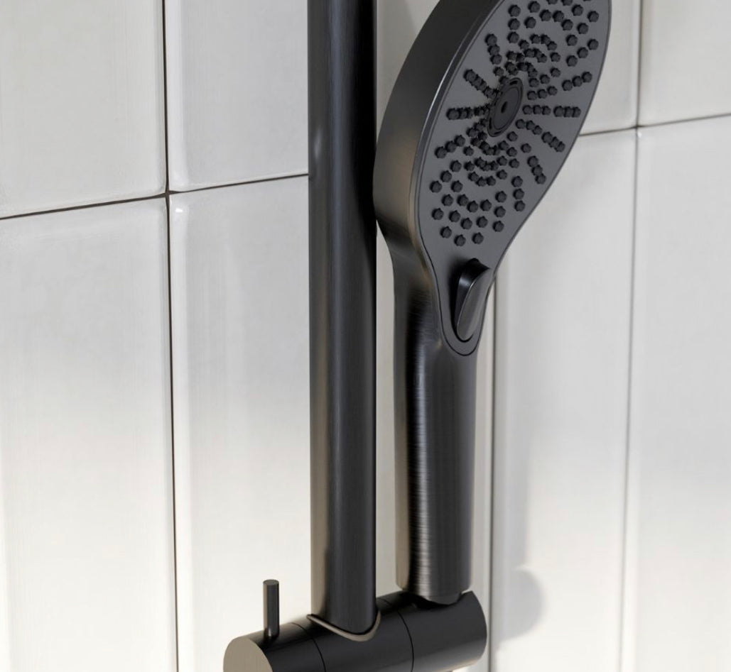 Owen & Finch Messing Doucheset – Geborsteld Grafiet (PVD) | Thermostaatkraan met Diamantkarteling, Handdouche & Regendouche Ø250mm (OF251913GR)