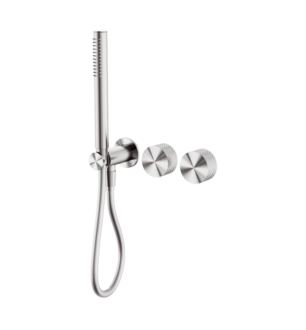 Owen & Finch Messing staafhanddouche met diamantkarteling en dubbele progressive mengkranen – Geborsteld Nikkel luxe design (OF252003dBN)