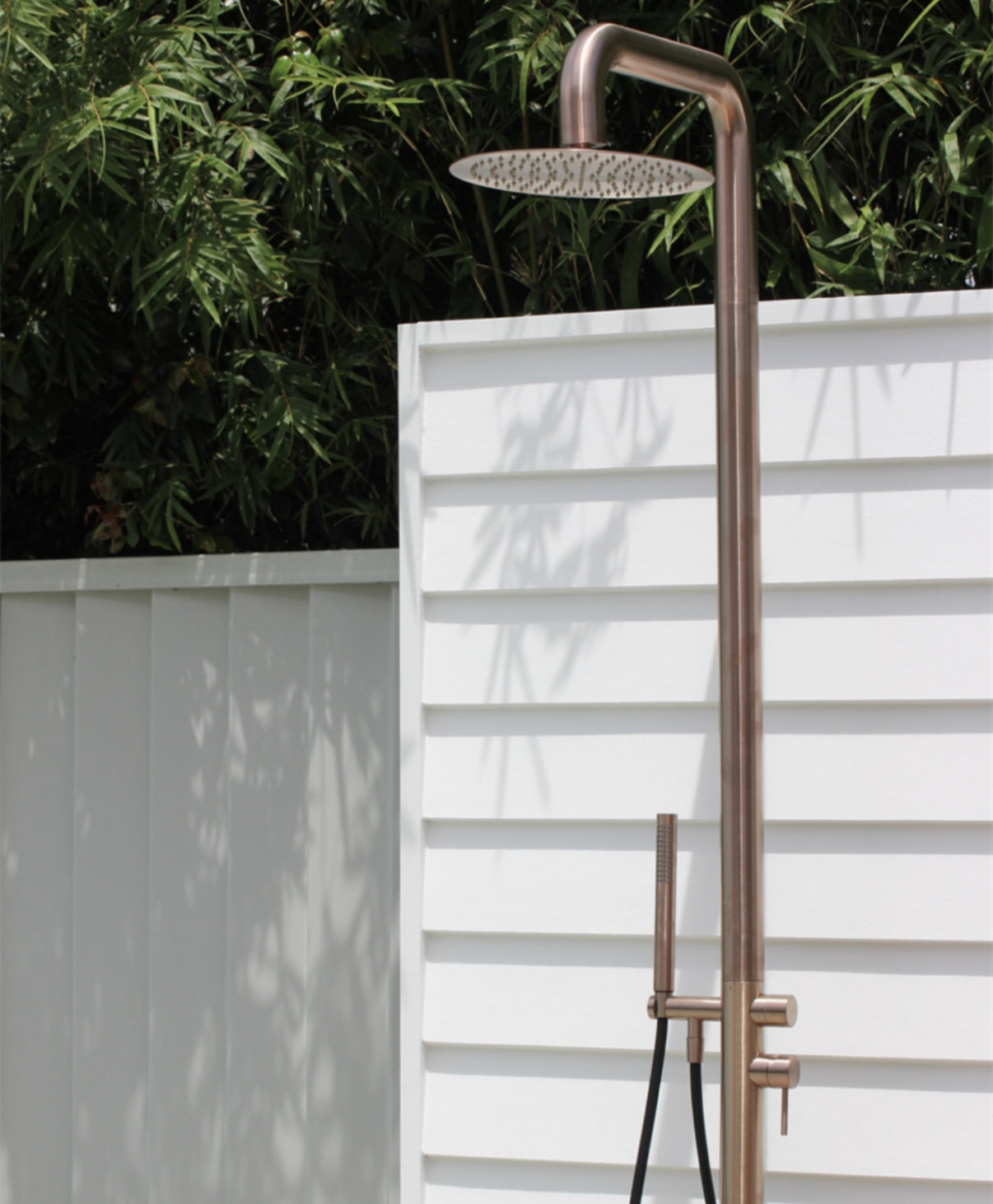 Owen &amp; Finch Luxury Outdoor Shower – 316L Stainless Steel – Brushed Satin Bronze (PVD) – Rain Shower Ø300 mm + Rod Hand Shower (OF162205aBG) 
