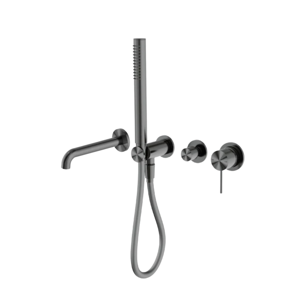 Owen &amp; Finch Brass Bath Mixer – Brushed Gun Metal (PVD) – With Mixer, Bar Hand Shower &amp; 215/250 mm Spout (OF221912hGM)