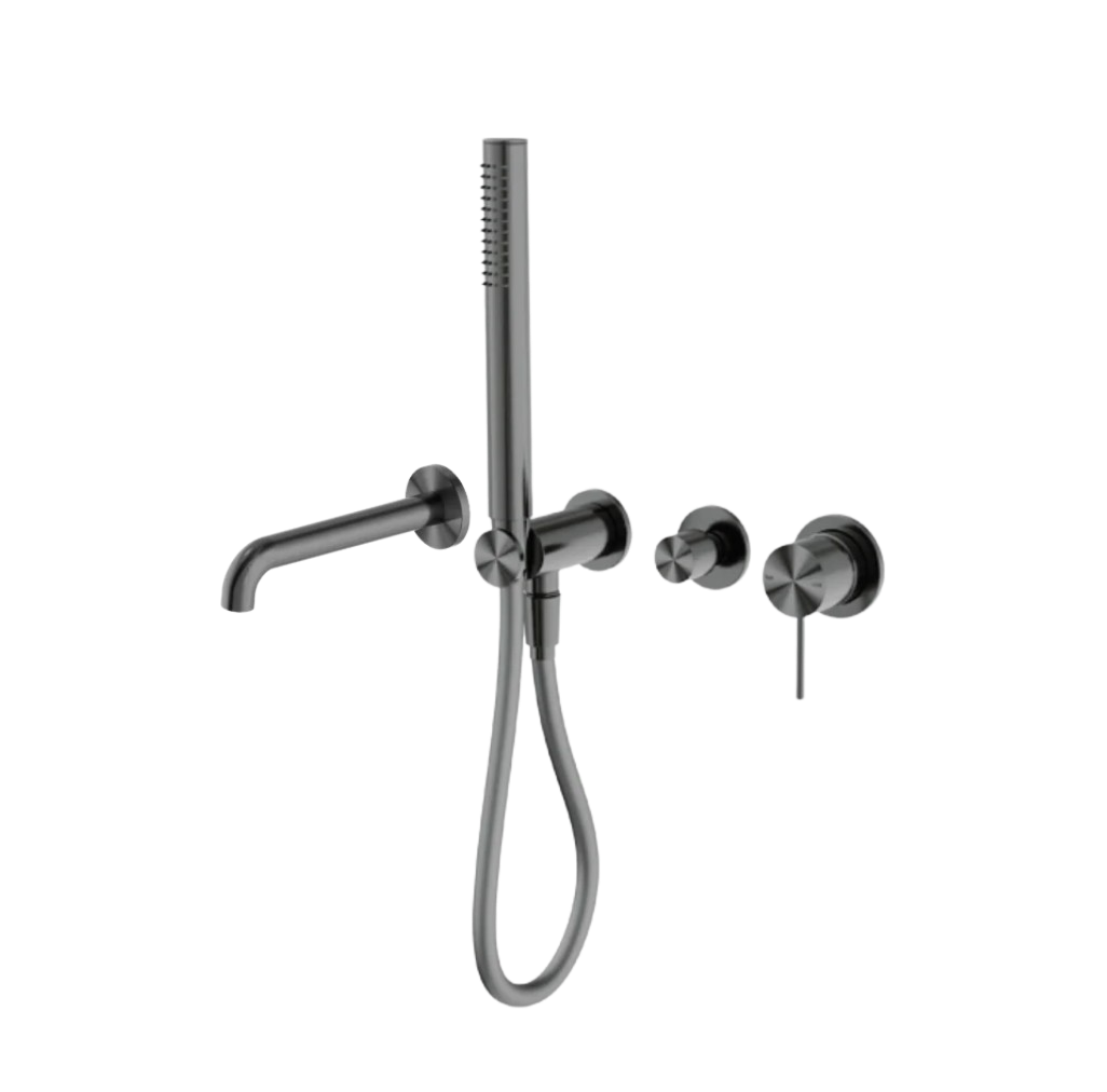 Owen &amp; Finch Brass Bath Mixer – Brushed Gun Metal (PVD) – With Mixer, Bar Hand Shower &amp; 215/250 mm Spout (OF221912hGM)