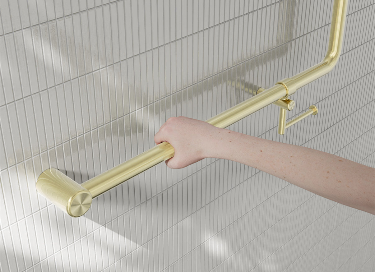 Owen & Finch Care toiletbeugel 90 graden 32 mm met toiletrolhouder 750 x 750 mm – Geborsteld Champagne Goud PVD (OFCR3290bhBG)