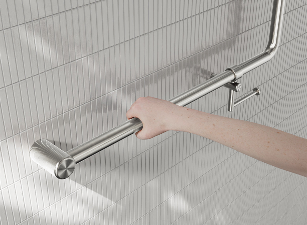 Owen & Finch Care toiletbeugel 90 graden 32 mm met toiletrolhouder 750 x 750 mm – Geborsteld Nikkel (OFCR3290bhBN)