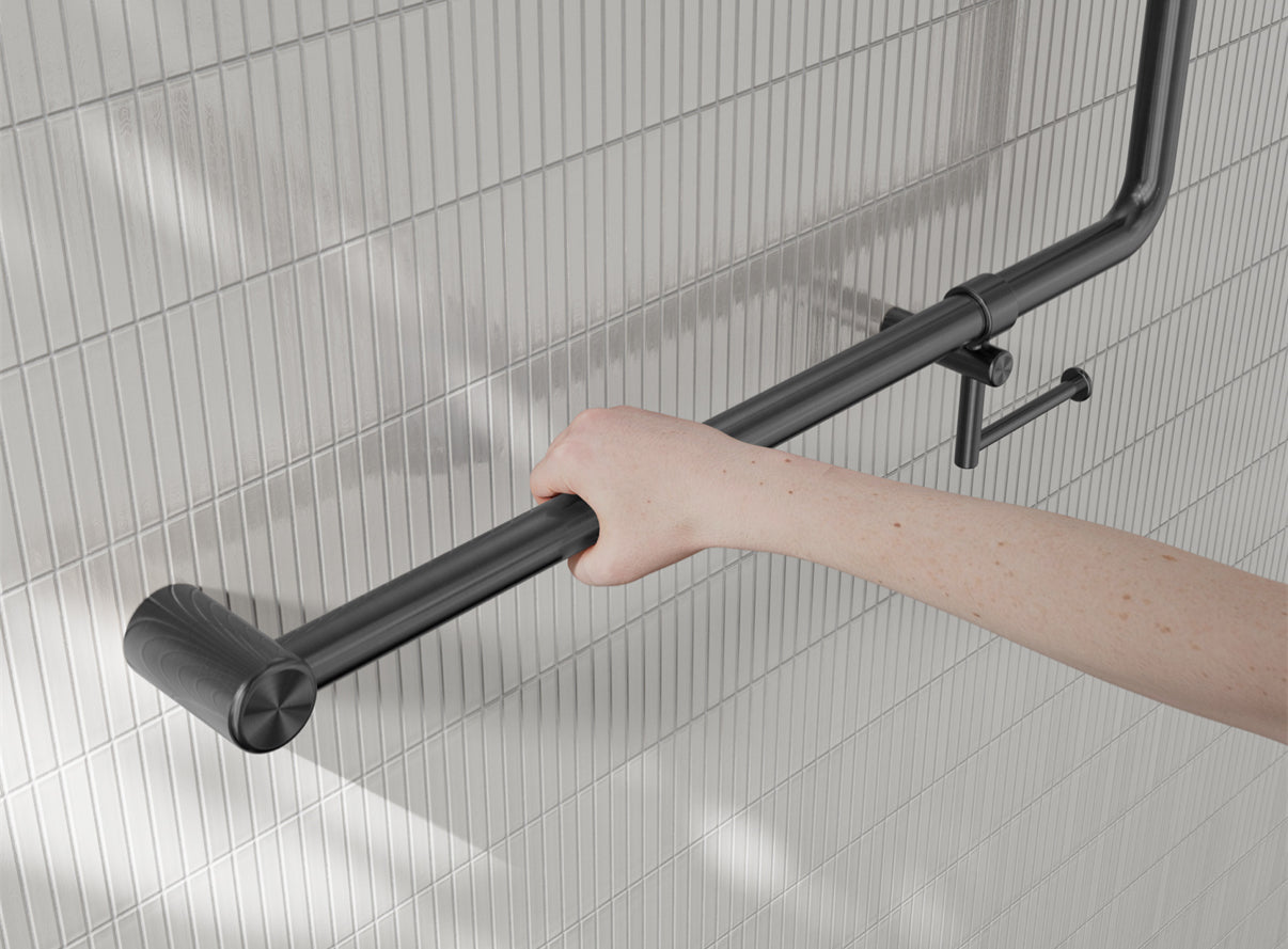 Owen & Finch Care toiletbeugel 90 graden 32 mm met toiletrolhouder 750 x 750 mm – Geborsteld Gun Metal PVD (OFCR3290bhGM)