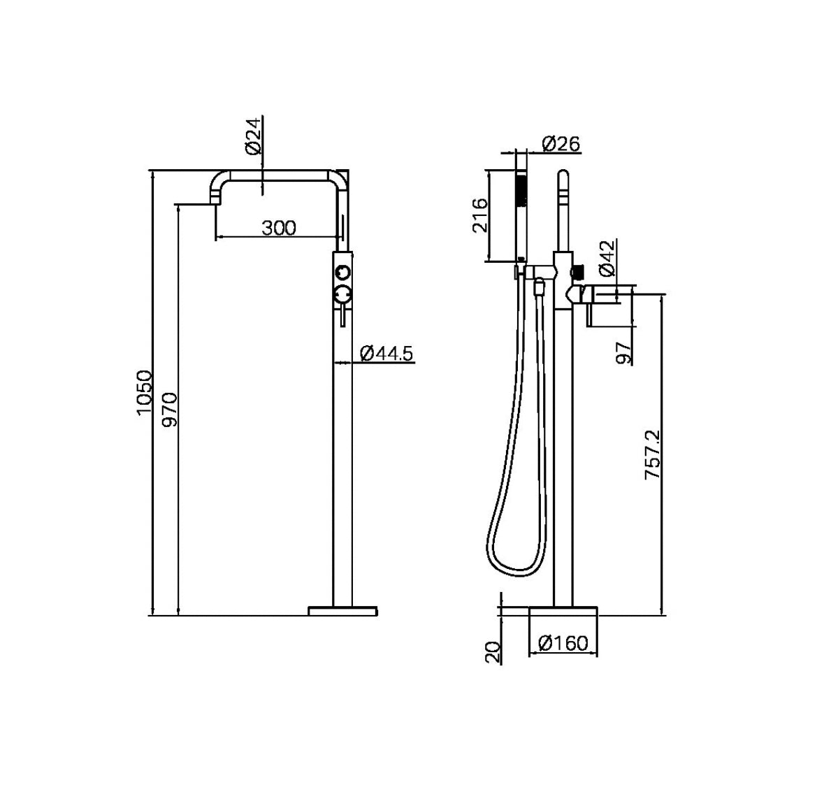 Owen & Finch Zen Outdoor Vrijstaande Badmengkraan Met Handdouche Brushed Nickel