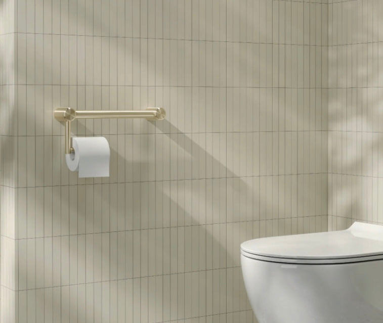 Owen &amp; Finch Toilet Roll Holder with Backrest, Brushed Stainless Steel Champagne Gold (PVD) – Care Collection – Load Capacity 150 kg (OFCR2512aBG)