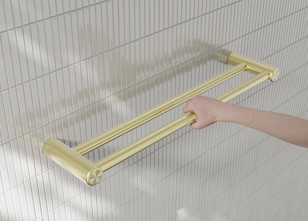 Owen & Finch Care dubbele handdoekrek 25 mm – Wandgreep voor minder-validen sanitaire ruimtes – Geborsteld Champagne Goud PVD