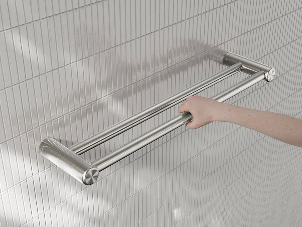 Owen & Finch Care dubbele handdoekrek 25 mm – Wandgreep voor minder-validen sanitaire ruimtes – Geborsteld Nikkel