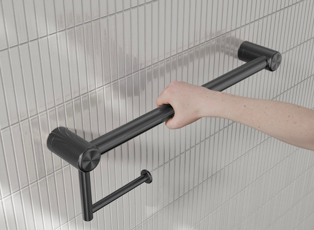 Owen &amp; Finch Toilet Roll Holder with Backrest, Brushed Stainless Steel Gun Metal (PVD) – Care Collection – Load Capacity 150 kg (OFCR2512aGM)