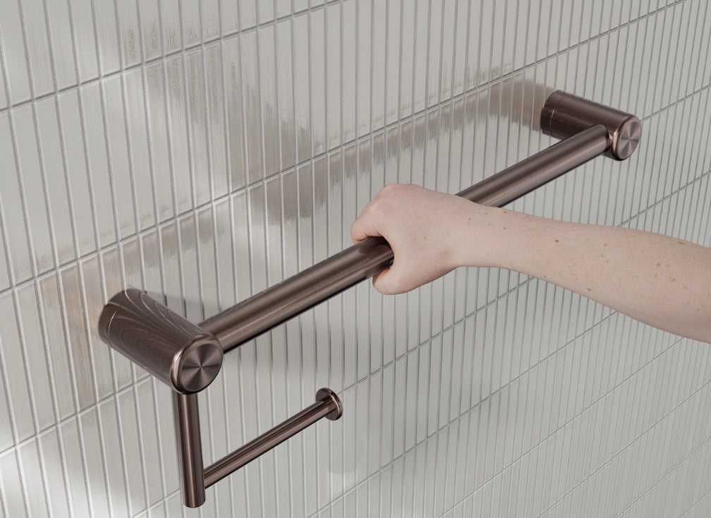 Owen &amp; Finch Toilet Roll Holder with Backrest, Brushed Satin Bronze (PVD) Stainless Steel – Care Collection – Load Capacity 150 kg (OFCR2512aBZ)