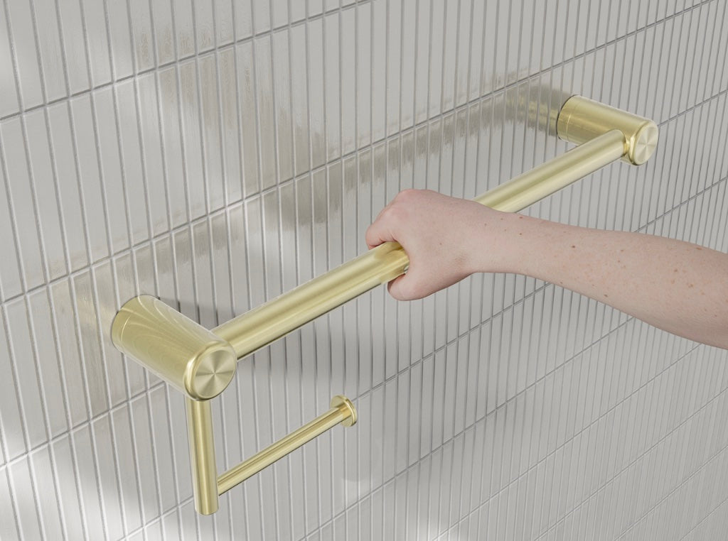 Owen &amp; Finch Toilet Roll Holder with Backrest, Brushed Stainless Steel Champagne Gold (PVD) – Care Collection – Load Capacity 150 kg (OFCR2512aBG)