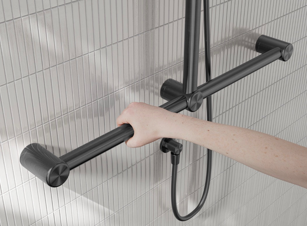 Owen & Finch Care handdouche met glijstang en leuning – Inclusief mengkraan – Geborsteld Gun Metal PVD (OFCS006GM)