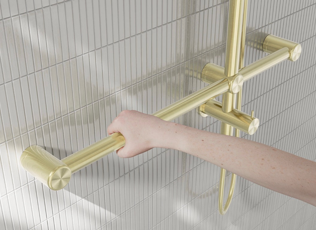 Owen & Finch Care regendouche met handdouche, glijstang en leuning – Inclusief mengkraan – RVS Geborsteld Champagne Goud PVD (OFCS008BG)