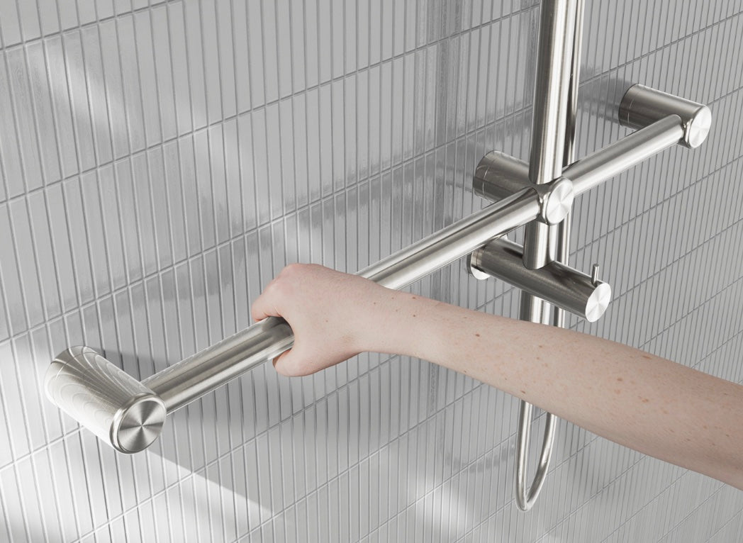 Owen & Finch Care regendouche met handdouche, glijstang en leuning – Inclusief mengkraan – RVS Geborsteld Nikkel (OFCS008BN)