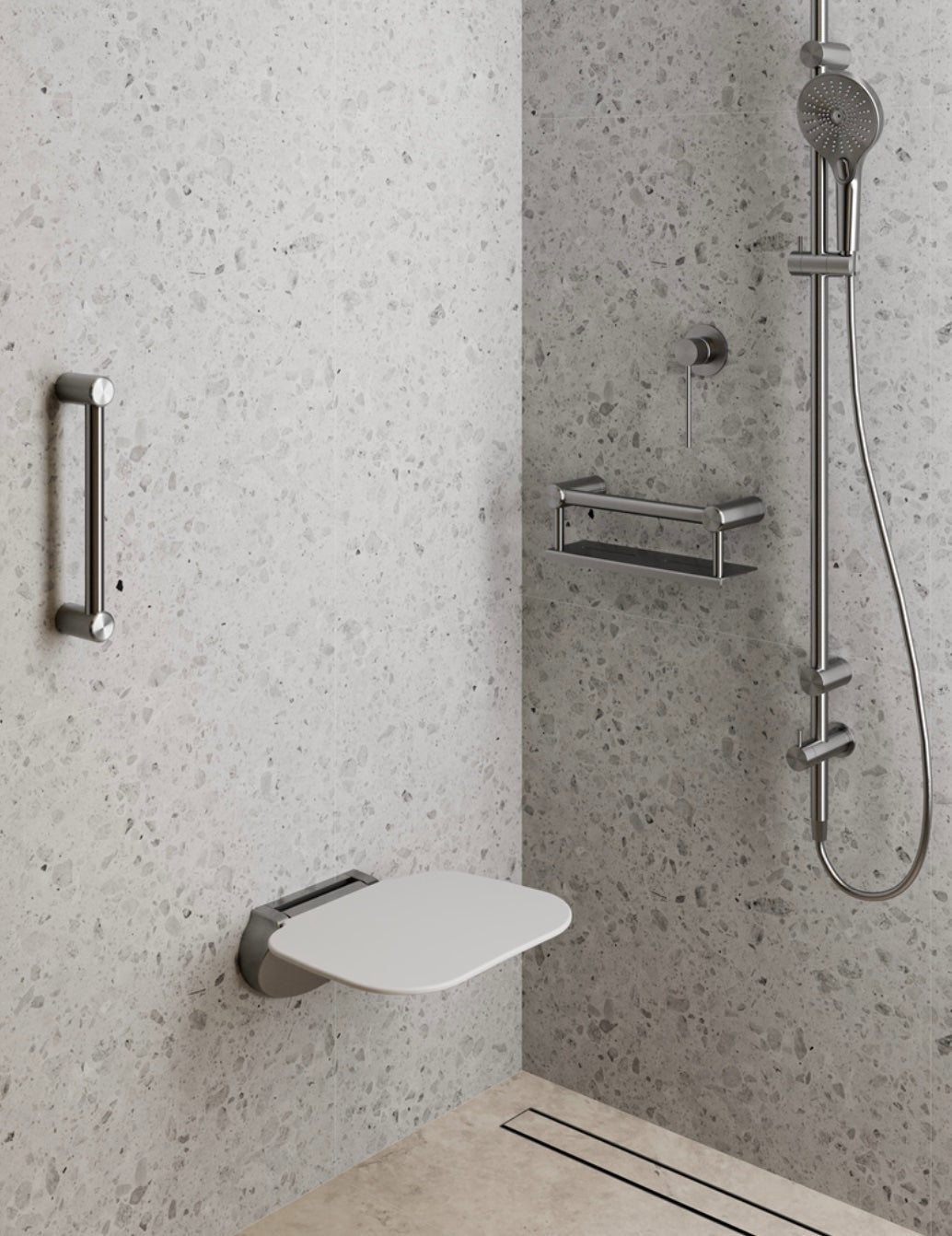 Owen & Finch Care Inklapbare Douchestoel – Geborsteld Gun Metal PVD 400x330 mm | Veilig & Duurzaam Design (OFCR0003GM)