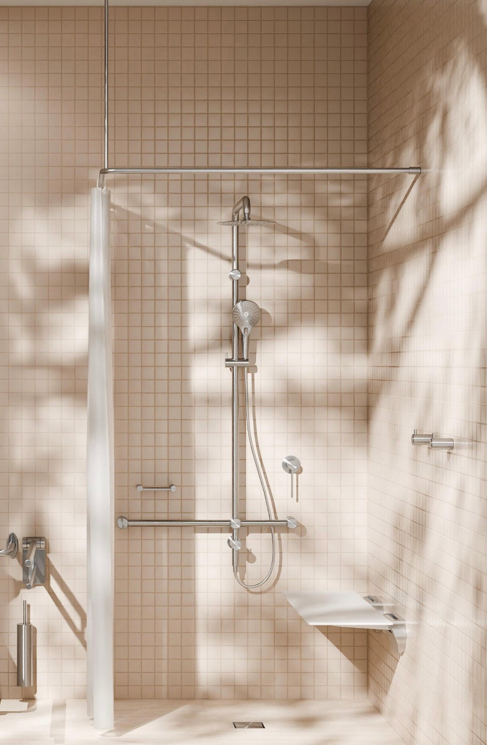 Hoek douchegordijnrail 1200×1200 mm RVS geborsteld nikkel | douche rail | Owen & Finch Care (OFCR0006BN)