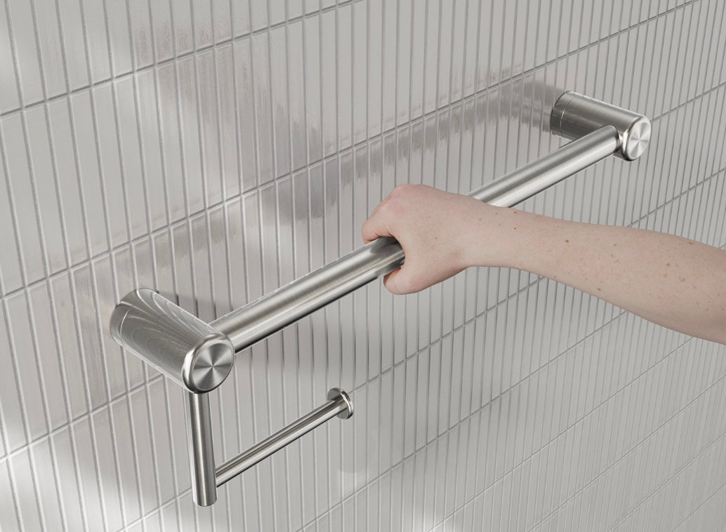 Owen &amp; Finch Toilet Roll Holder with Backrest, Brushed Nickel Stainless Steel – Care Collection – Load Capacity 150 kg (OFCR2512aBN)
