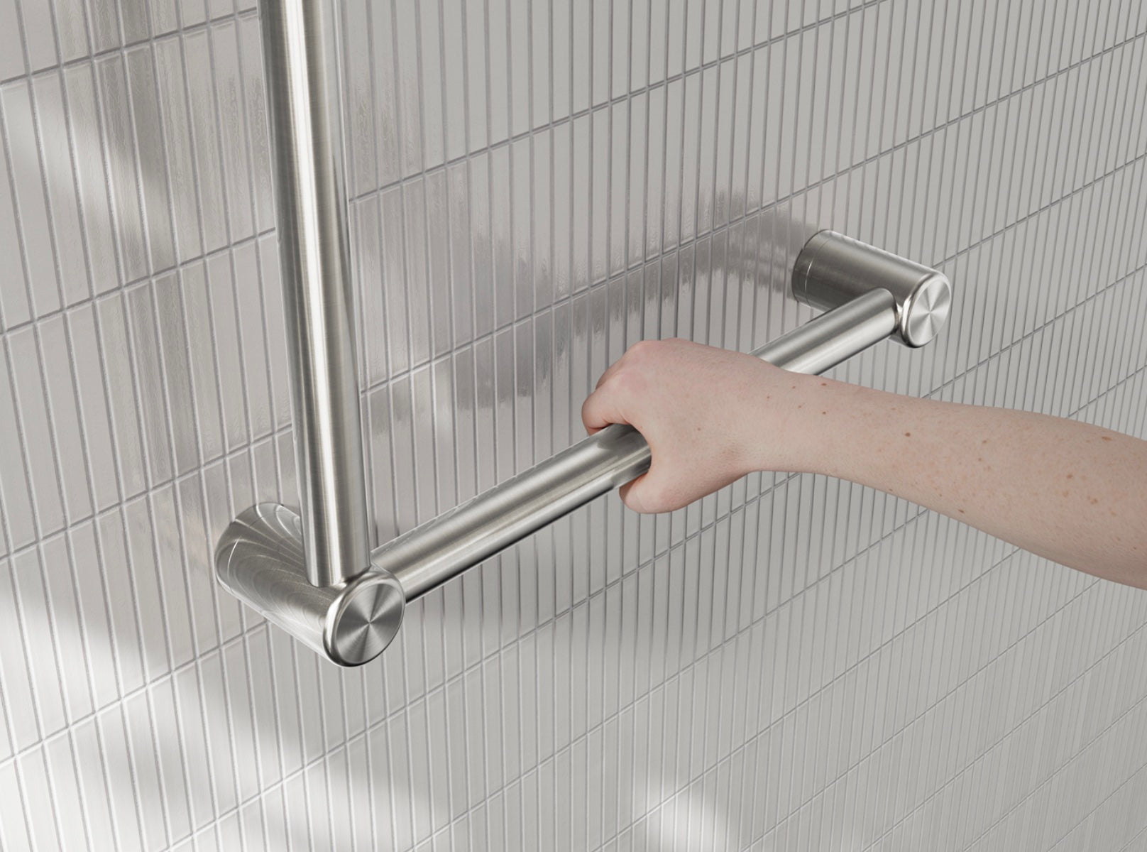 Wandleuning 90° RVS doorlopend geborsteld nikkel 450x450 mm | Hoek wandbeugel toilet design | Owen & Finch Care (OFCR3290aBN)