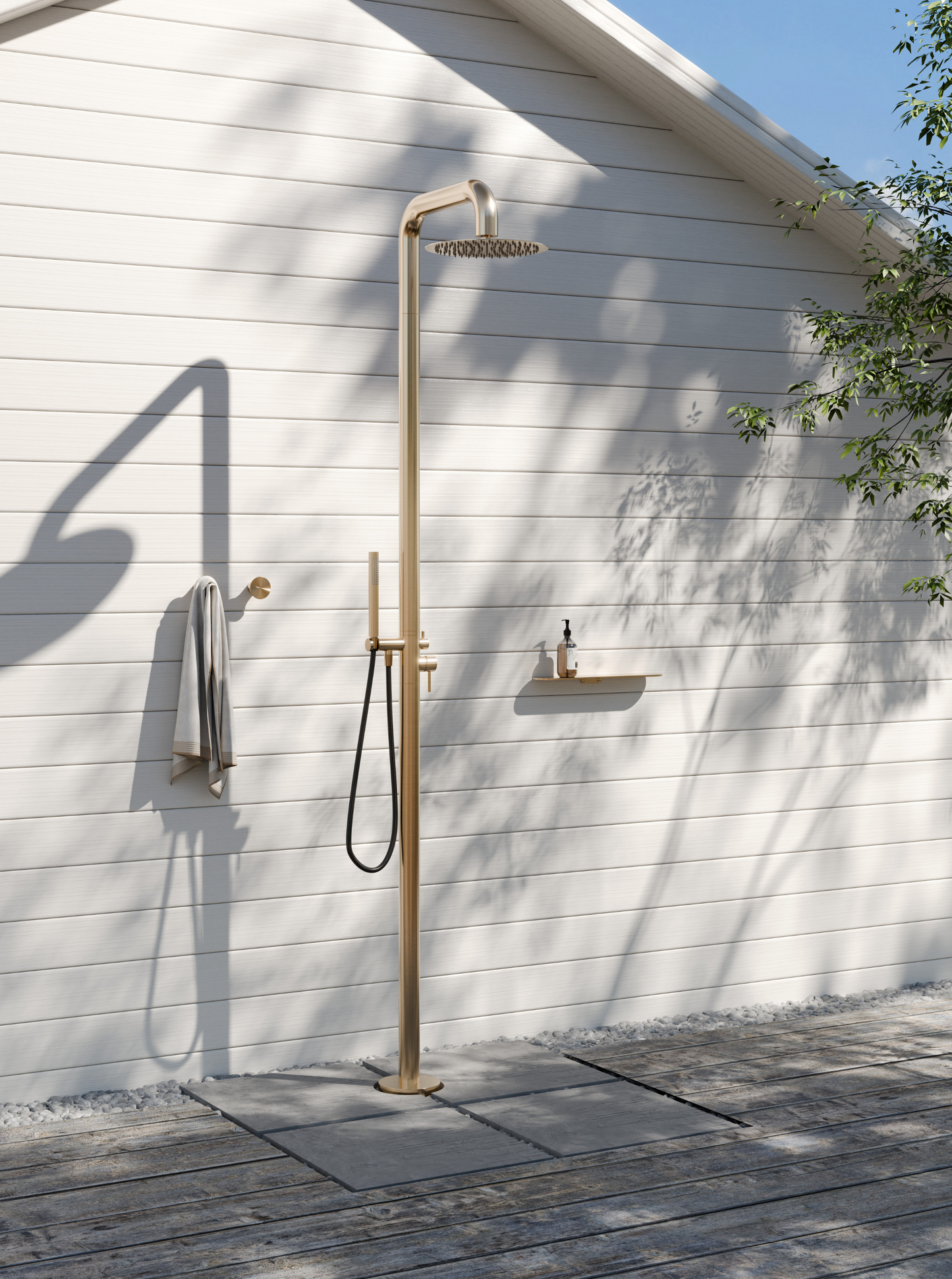 Owen & Finch Zen Outdoor Buitendouche met 300mm Hoofddouche En Staafhanddouche Brushed Champagne Gold PVD (OF162205aBG)