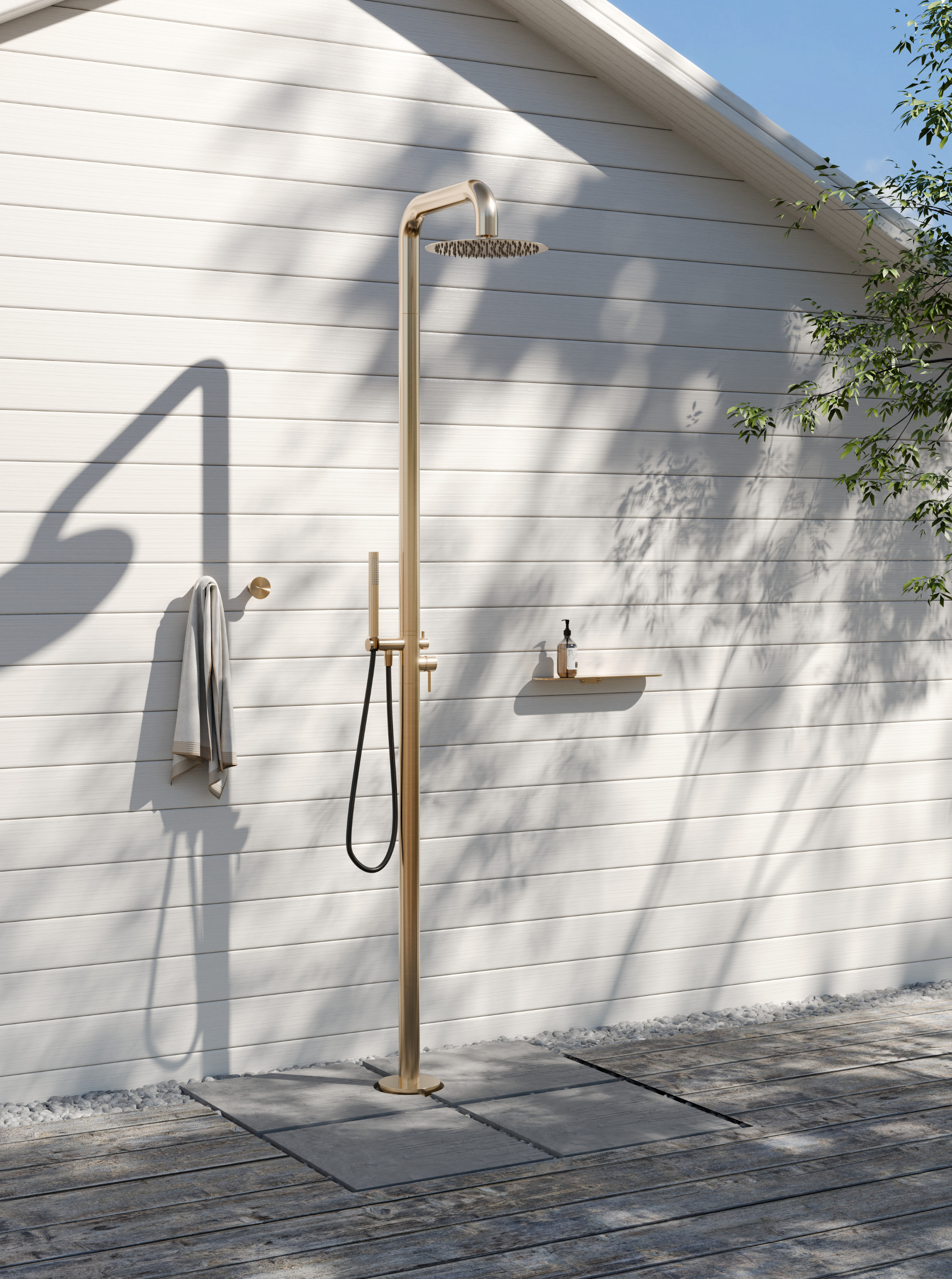 Owen &amp; Finch Luxury Outdoor Shower – 316L Stainless Steel – Brushed Satin Bronze (PVD) – Rain Shower Ø300 mm + Rod Hand Shower (OF162205aBG) 