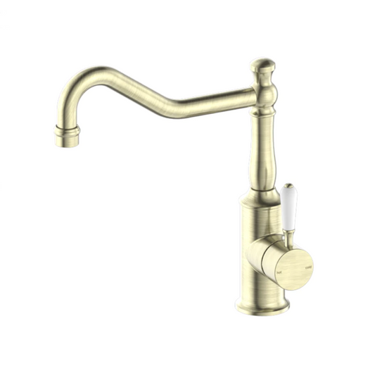 Owen & Finch York Keukenmengkraan 1-Gats Hoog Model Met Wit Porseleinen Handvat Aged Brass